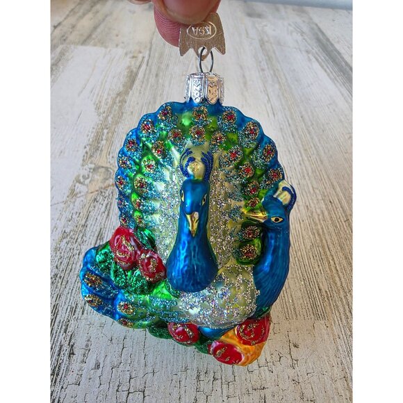 KSA Kurt Adler glitter peacock bird glass ornament Xmas tree blue - Picture 1 of 9